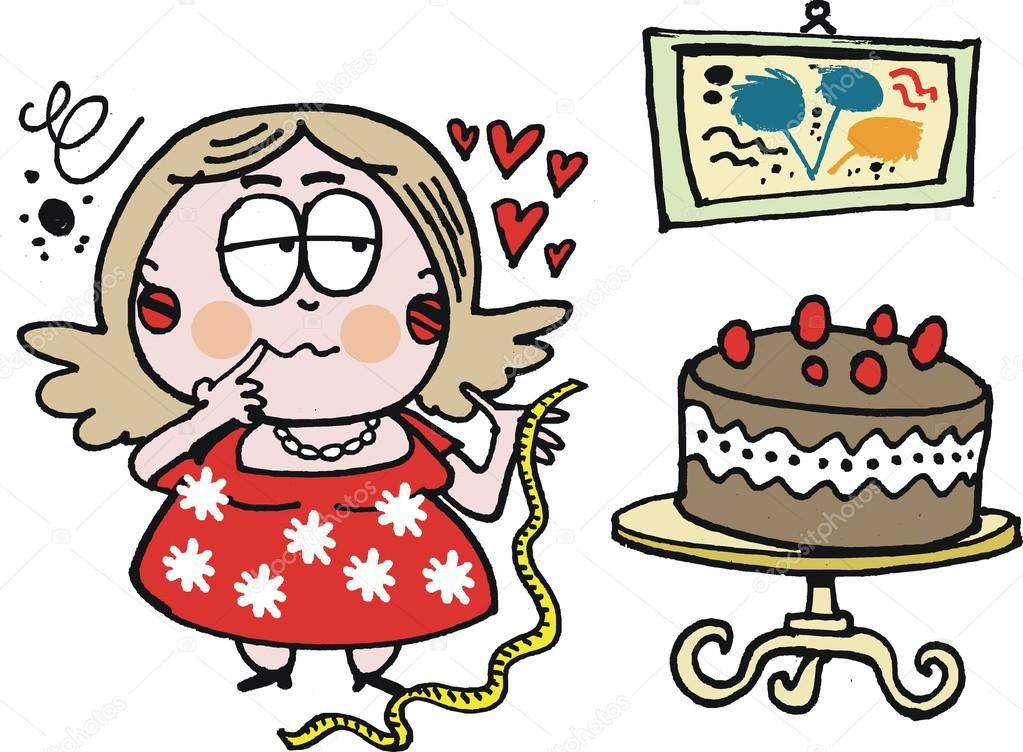 Vector cartoon of overweight woman looking at chocolate cake