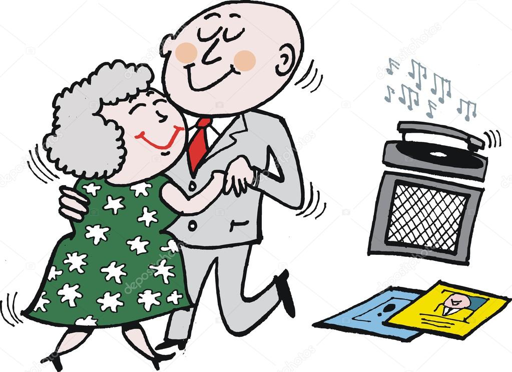 Vector cartoon of senior couple dancing to old records