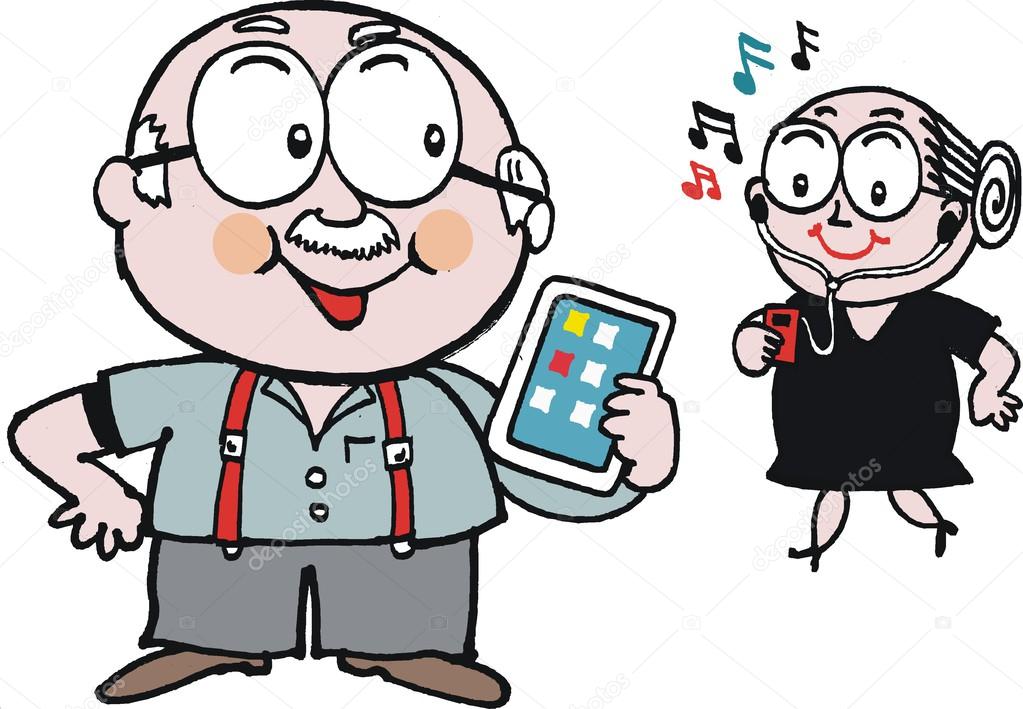 Vector cartoon of elderly man and woman with hi-tech gadgets