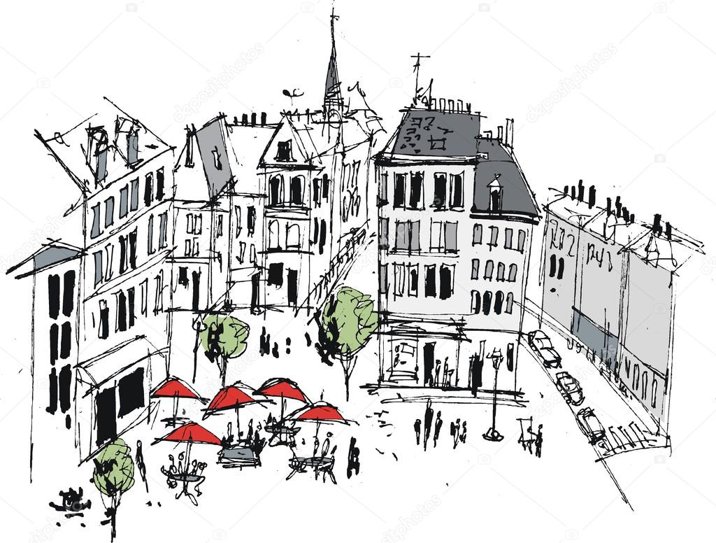 Vector illustration of French town with buildings and cafe