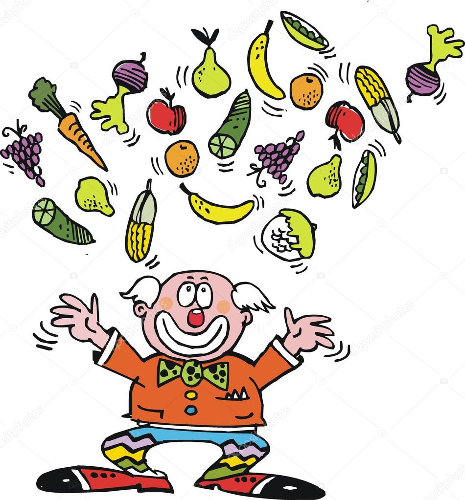 Vector cartoon of clown juggling fruit and vegetables.
