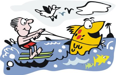 adam su kayağı büyük balık ile vektör karikatür.
