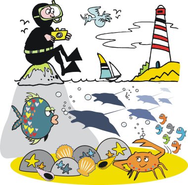 Cilt dalgıç deniz balık ile kayaya oturan vektör karikatür