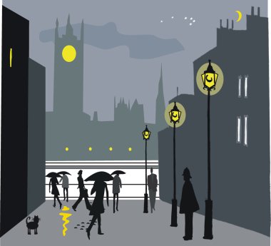yayalar Londra, İngiltere'de vektör çizim gece.