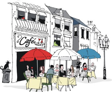 Vector illustration of dining at French cafe.