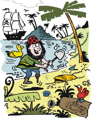 vektör karikatür korsan hazine sandığı kadar kazma.