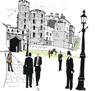 windsor Sarayı, vektör çizim ile yayalar, İngiltere.