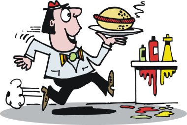 vektör karikatür bir hamburger ile çalışan adam.