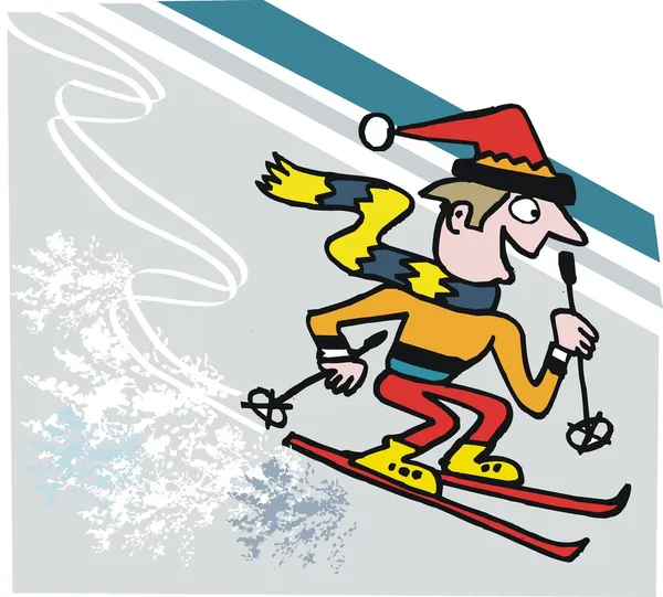 Vector cartoon of happy skier rushing down mountain slope — Stock Vector