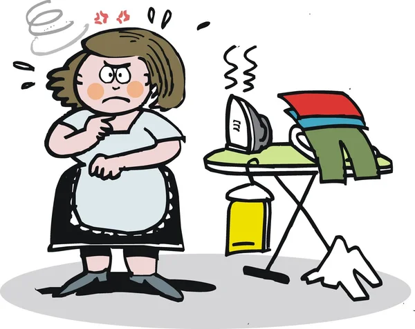 アイロン ボードと腹が立つ主婦のベクトルの漫画. — ストックベクタ