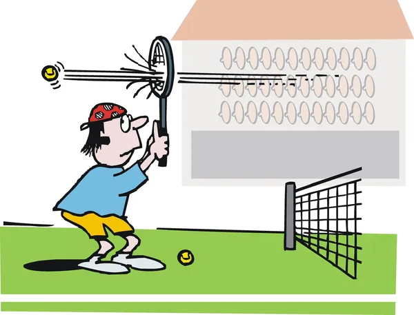 Vector cartoon of tennis player with ball breaking racket — Stock Vector