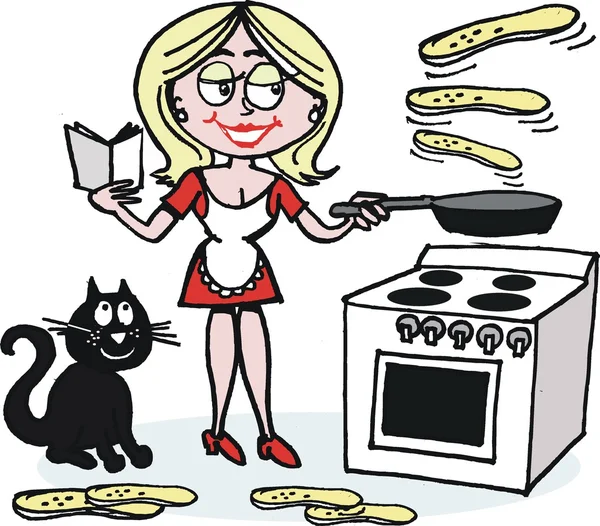 Desenho animado vetorial de panquecas de cozinha dona de casa feliz sobre fogão — Vetor de Stock