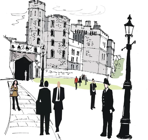 Ilustración vectorial del castillo Windsor, con peatones, Inglaterra . — Vector de stock