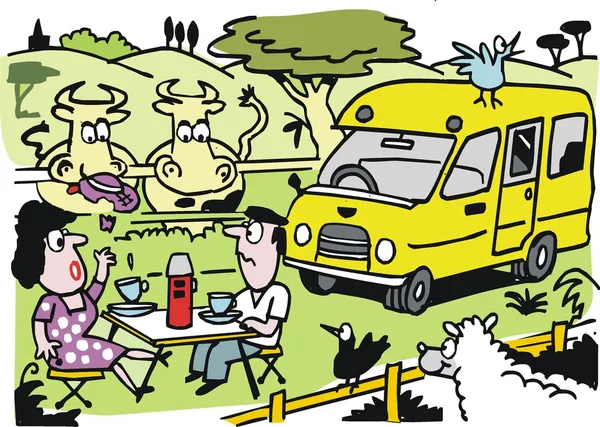 Caricatura vectorial de pareja acampando con vehículo recreativo . — Vector de stock