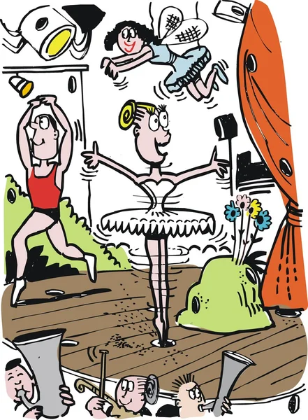 Vector cartoon van balletdansers op het podium. — Stockvector