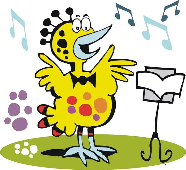 Vector cartoon of happy bird singing with music stand. — Stock Vector