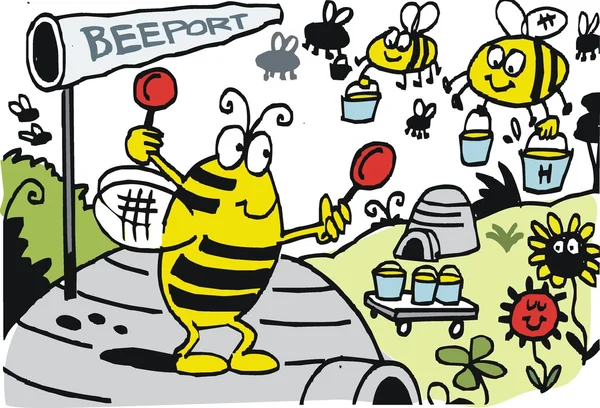 Vektor-Karikatur von Bienen bei der Landung auf dem Bienenstock-Flughafen. — Stockvektor