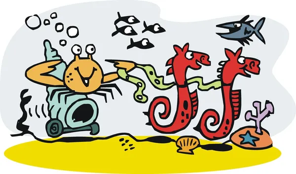 Vector cartoon van heremietkreeften en shell wordt gesleept door zeepaardjes. — Stockvector