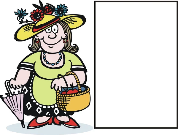 Caricature vectorielle de femme souriante avec panier de pommes . — Image vectorielle