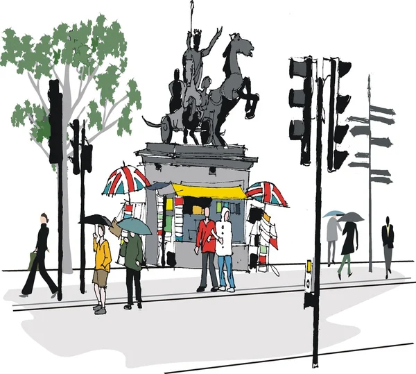 Vector illustration of London statue with pedestrians. — Stock Vector