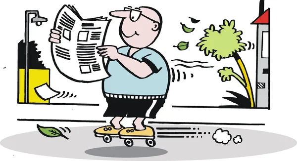 Caricatura vectorial del hombre en patines de ruedas leyendo el periódico — Vector de stock