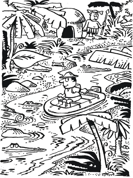 Vector black and white drawing of explorer paddling in jungle river. — Stock Vector