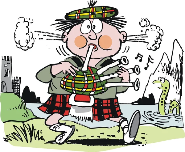 Vector cartoon of Scotsman blowing bagpipes beside lake and castle. — Stock Vector