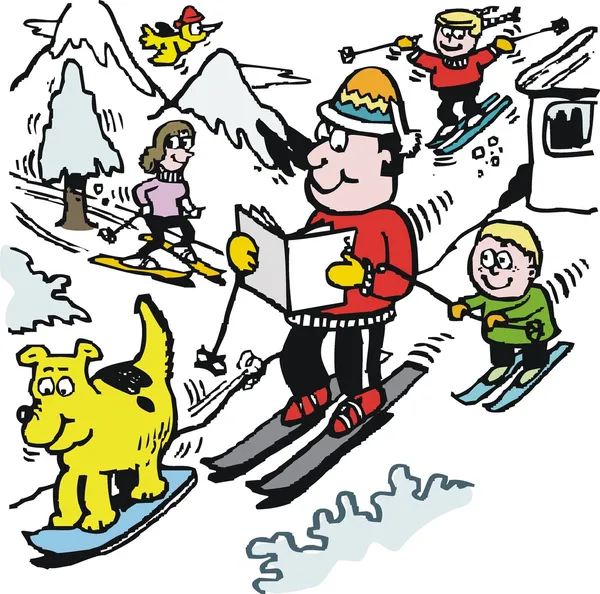 山の斜面上の新聞を読んで幸せなスキーヤーのベクトルの漫画. — ストックベクタ