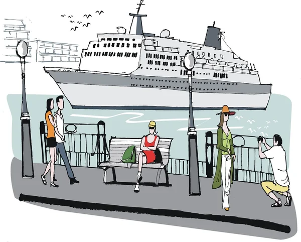 Illustration vectorielle du paquebot de croisière dans le port, Auckland, Nouvelle-Zélande . — Image vectorielle