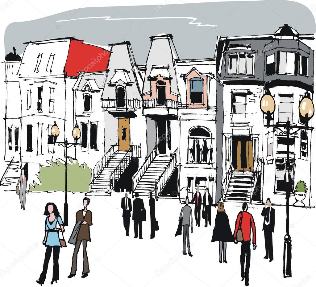 Vector illustration of old houses in Montreal, Canada