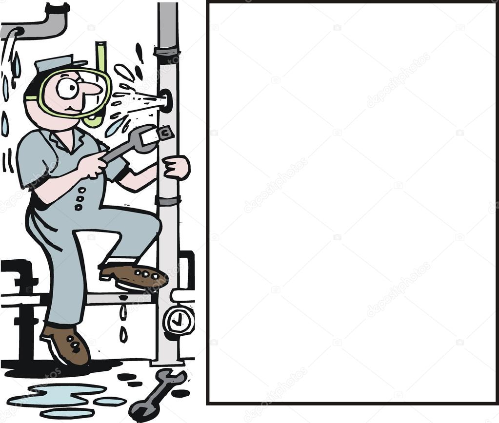 Vector cartoon of plumber working on leaky pipe.