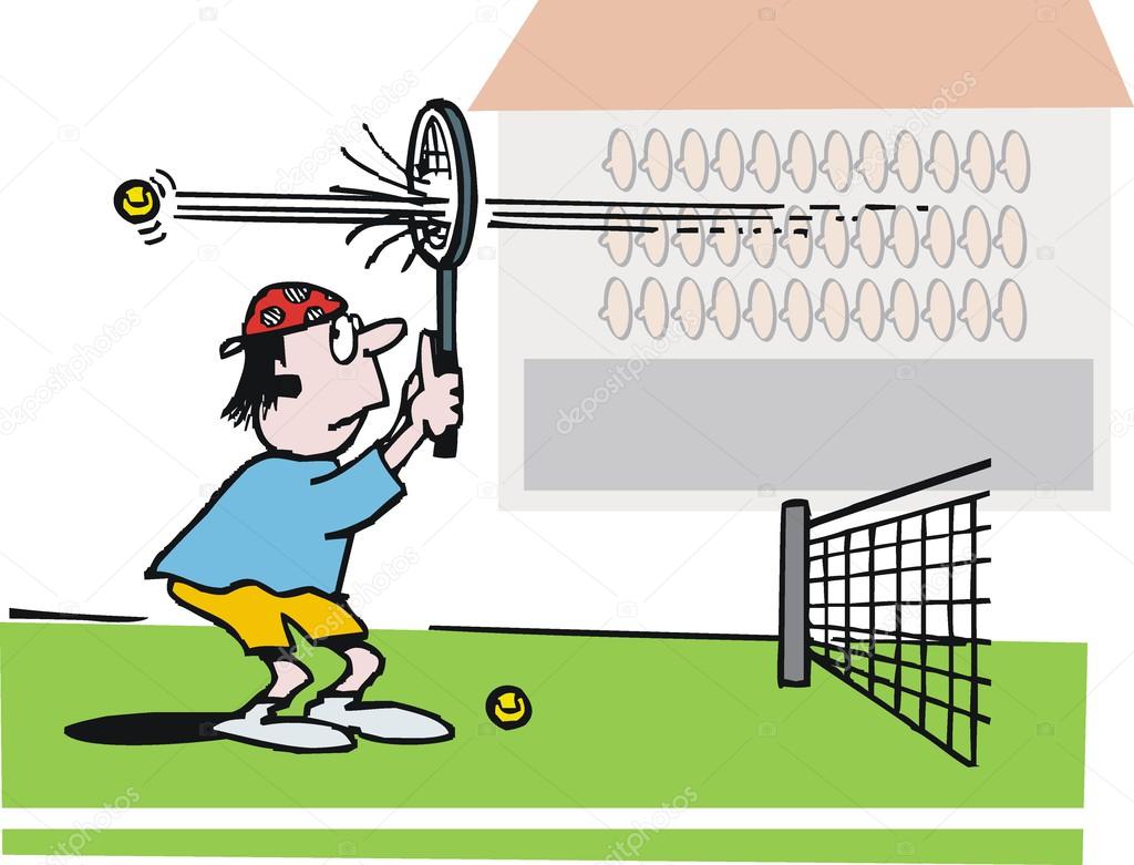 Vector cartoon of tennis player with ball breaking racket