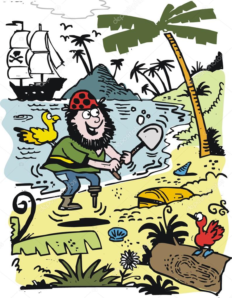 Vector cartoon of pirate digging up treasure chest.