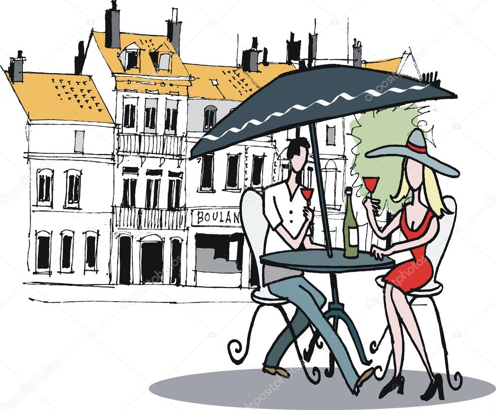 Vector illustration of man and woman at outdoor cafe, France.