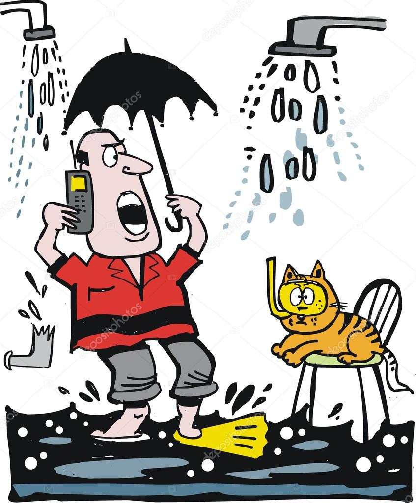 Vector cartoon of man in leaky bathroom phoning for plumber
