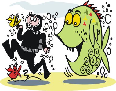 vektör karikatür skin diver büyük balık tarafından takip ediliyor
