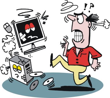 kızgın adam bilgisayar tekme vektör karikatür