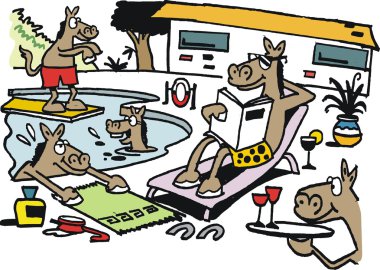 vektör karikatür mutlu atlar rahatlatıcı ve Yüzme Havuzu.