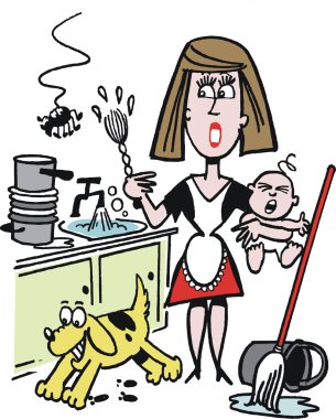Mutfakta overworked ev hanımı ile vektör karikatür