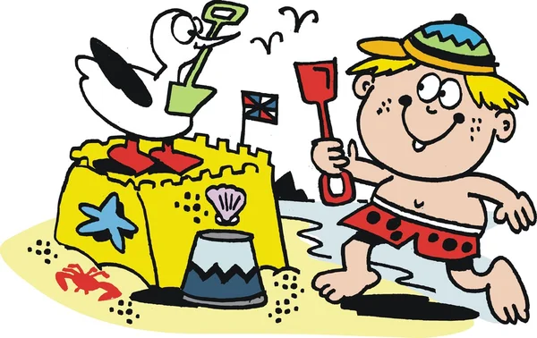 Vektor-Karikatur eines kleinen Jungen, der eine Sandburg am Strand baut. — Stockvektor