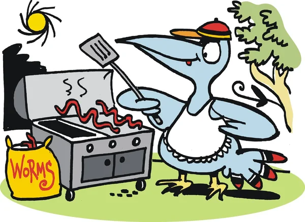 Vector cartoon of fierce bird preparing worm meal on barbecue — Stock Vector