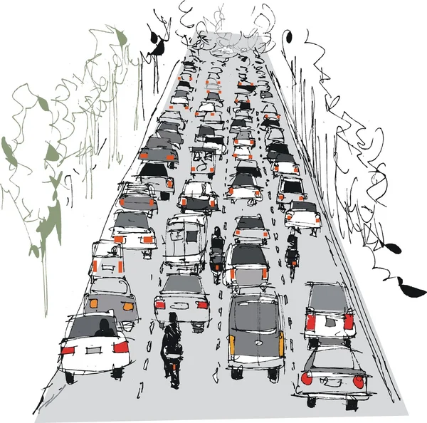 Gestileerde vectorillustratie van de verkeerscongestie op snelweg — Stockvector
