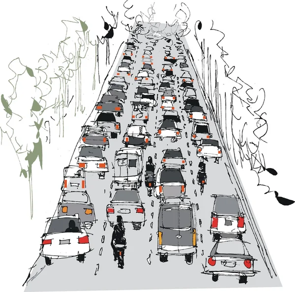 Stylized vector illustration of traffic congestion on highway — Stock Vector