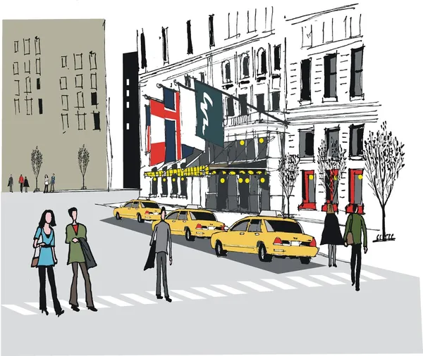 Векторная иллюстрация такси за пределами отеля Manhattan, Нью-Йорк — стоковый вектор