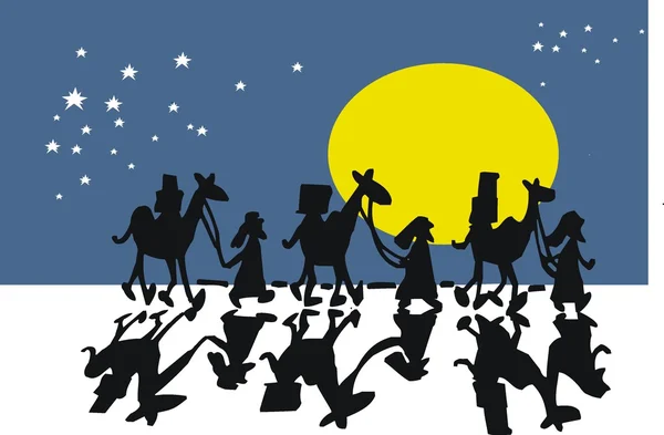 Vector cartoon of silhouette camels and riders at night. — Stock Vector