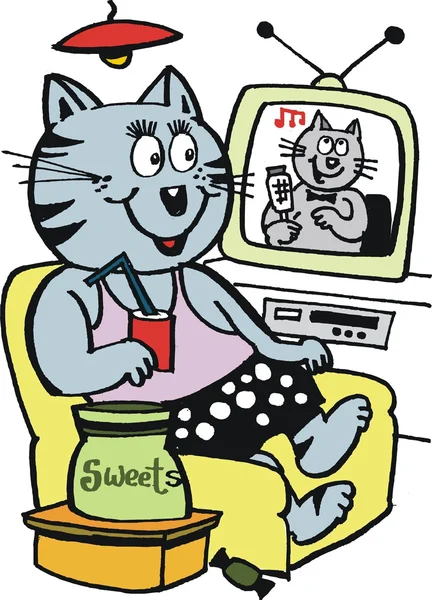 Vector cartoon of smiling cat watching television. — Stock Vector