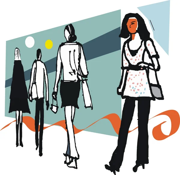 Ilustración vectorial de las mujeres compradoras sobre fondo abstracto — Vector de stock