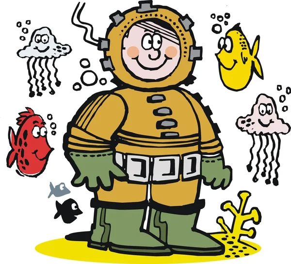 Vector cartoon of commercial diver underwater — Stock Vector