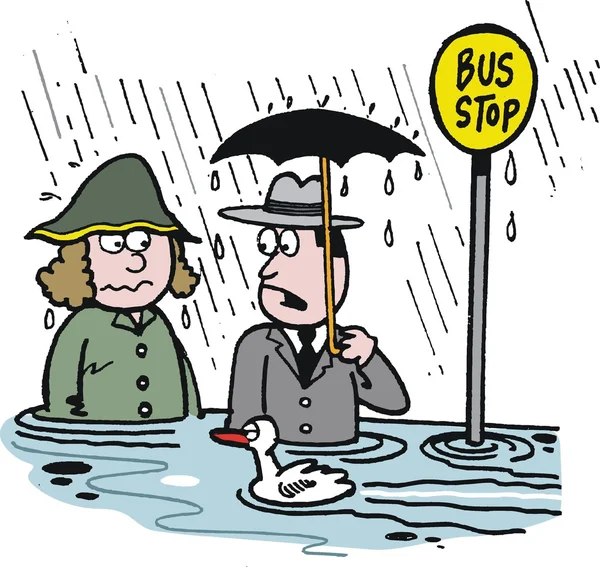 Caricature vectorielle de l'homme et de la femme à l'arrêt de bus inondé — Image vectorielle