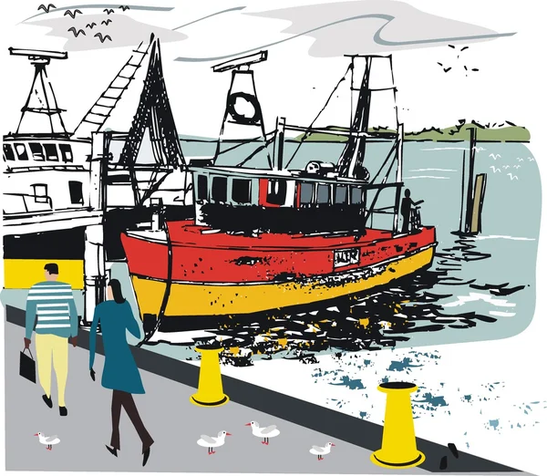 Vektorové ilustrace rybářských lodí kotví v přístavišti s — Stockový vektor